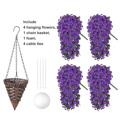 Artificial Fake Outdoor Hanging Flowers Plants Basket for Outside Porch Decoration, Fake Silk Purple Daisy Flower UV Resistant Look Real Orchid Traing Vines for Home Balcony Yard Patio Garden Decor - color: Purple Daisy