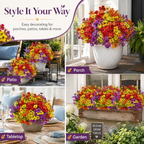 Artificial Flowers for Outdoors UV Resistant, 12 Bundles Realistic Faux Daisy with Eucalyptus Leaves Fake Plants for Porch Patio Planter Garden Decoration (Purple Red Orange Yellow) - color: Purple Red Orange Yellow