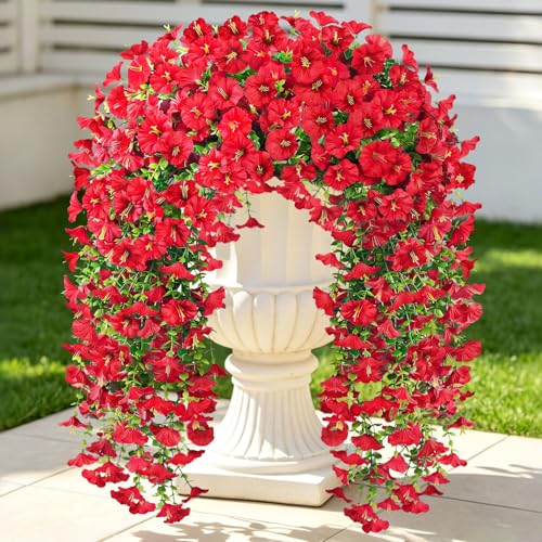 Artificial Hanging Flowers for Outdoors, 6Pcs UV Resistant Morning Glory Vines Fake Flowers with Eucalyptus, Realistic Silk Faux Hanging Plants Decor for Outside Planter Porch Patio (Red) - color: Red