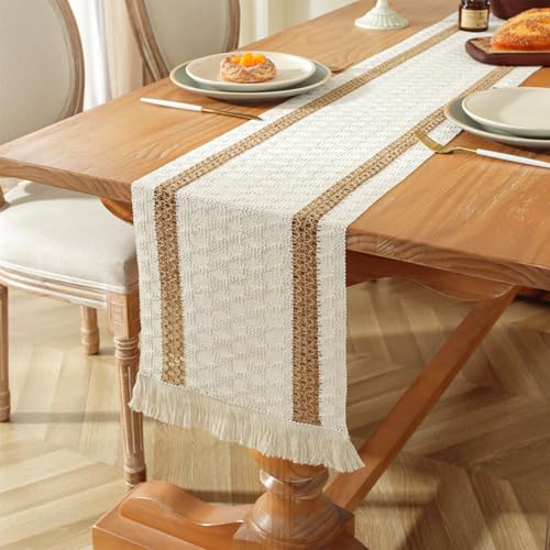Niviy Boho Table Runner for Summer Home Decor 72 Inches Long Farmhouse Macrame Table Runner Cotton Linen Woven Table Runners for Fall Dining Table Decoration, Beige & Brown - color: Beige & Brown, size: 12 x 72 Inches
