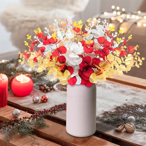 Yen Jean 10PCS Christmas Decorations Artificial Flowers for Home - Xmas Fake Eucalyptus Stems Winter Decor Indoor - style: christmas