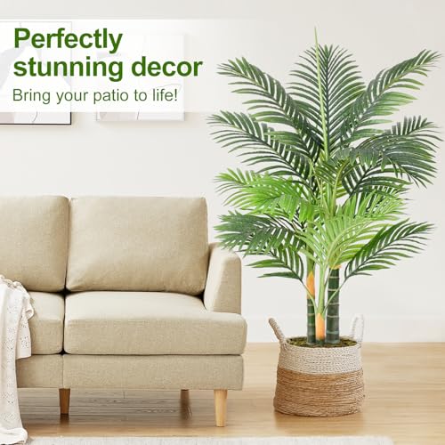 4ft Tall Triple Golden Cane Palm Artificial Tree Large Tropical Palm Tree UV Resistant Fake Plant in Pot for Indoor Outdoor Big House Living Room Outside Patio Office Home Decor 1Pack - size: 4ft