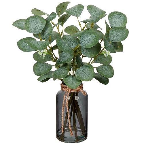 Briful Artificial Eucalyptus Stems in Black Glass Vase with Faux Water, 14" Fake Plant Eucalyptus Leaves for Home Office Farmhouse Wedding Centerpiece Décor - color: Black