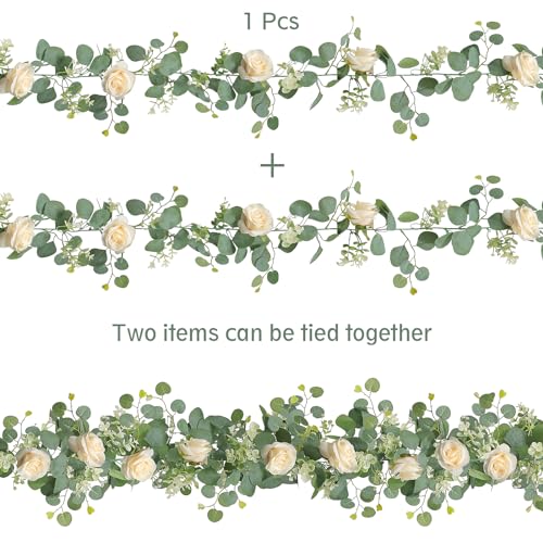 TOCHGREEN 2Pcs(13 Ft) Artificial Eucalyptus Flower Garland with Champagne Rose Flowers,Faux Rose Vine Gypsophila,Floral Greenery for Home Wedding Table Decor (Champagne, 2PCS) - color: Champagne, size: 2PCS