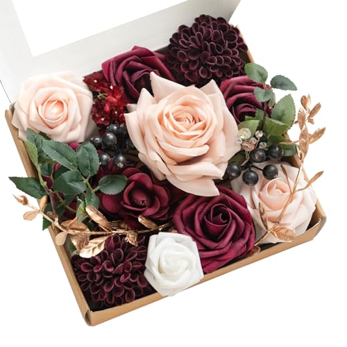 Ling's Moment Burgundy Artificial Flowers and Greenery Mini Combo Box Set, Marsala & Blush Fake Flower for DIY Wedding Bridal Bouquet, Centerpieces Decor, Floral Arrangement Chris Marsala & Blush - color: Marsala & Blush