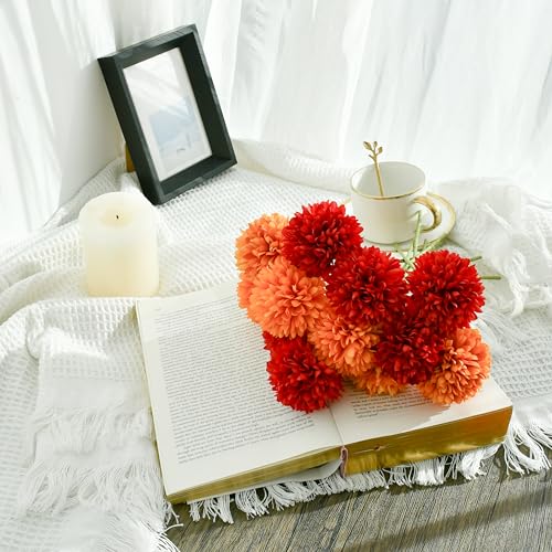 Mandy's 12pcs Artificial Red and Orange Chrysanthemum | 11.8 inch Artificial Mums Flowers for Home Table Centerpiece Summer Decor Silk Flowers for Porch Patio and Wedding - color: Red and Orange