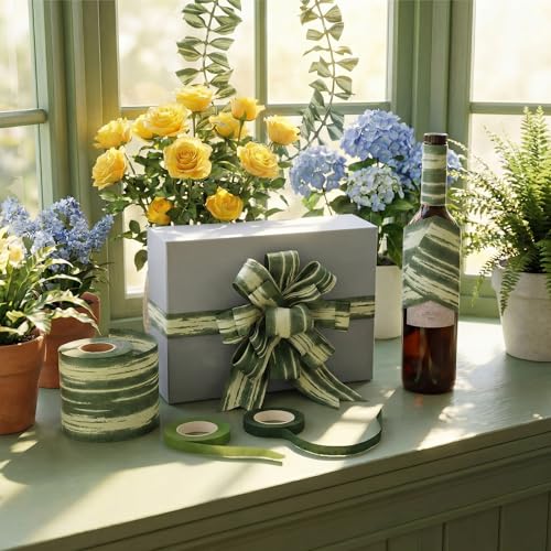 Thiccywoov 3 Rolls Ti Leaf Ribbon Outdoor Poly Satin Leaf Ribbon Green Wedding Decorations Florist Waterproof Aspidistra Tape 4 x 50 2 Floral Tape for Easter Indoor Outdoor Art Craft(Fashion Style) - style: Fashion Style