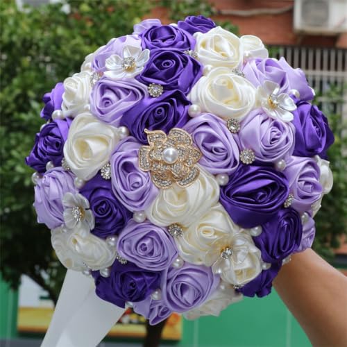Bridal Wedding Bouquet with Rhinestone Brooch Pearl Rose Flower Bouquet for Bride Bridesmaid Wedding Quinceanera Purple Light Purple and Ivory 6.3in - color: Purple & Light Purple & Ivory, size: Small (DIA. 6.3"/16cm)