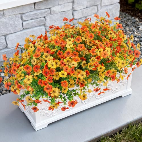 Artificial Fake Flowers Plants for Outdoor Spring Decor, 12 Bundles Faux Silk Flowers for Outdoor Outside Planter Colorful Daisy UV Resistant Look Real for Front Door Porch Patio Yard(Yellow Orange) - color: Orange Yellow