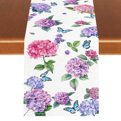Hydrangea Table Runner, Spring Summer Watercolor Purple Floral Seasonal Country Farmhouse Coffee Table Center Decor for Home Kitchen Dining Patio Holiday Party Table Decorations 13x36 inches - color: Tr-flower08, size: 13x36" Table Runner