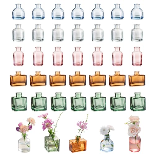 Small Glass Bud Vases for Centerpieces - Hewory 40pcs Colored Sturdy Cute Flower Vases Bulk, Mini Bottle Vase for Wedding Home Decor Birthday Party Events Mother's Day Bridal Shower Gifts Table Decor - color: Colored, size: Mini-40pcs