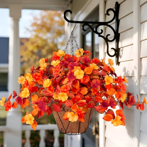 Hanging Artificial Fall Flowers Basket for Outdoors Outside 3PCS Fake Plants Faux Orange Fall Flowers for Outdoors Planters UV Resistant Silk Flowers for Home Porch Patio Garden Autumn Decoration - color: Y4-orange Red Yellow+basket