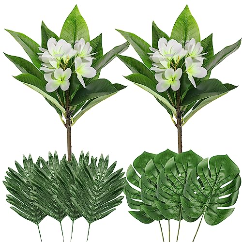 Crowye 10 Pcs Safari Decorations Include 2 Artificial Plumeria Frangipani Flower Bouquets 4 Artificial Palm Leaves with Faux Stems Tropical Plant Leaves 4 Fake Monstera Leaves Safari Leaves for Luau