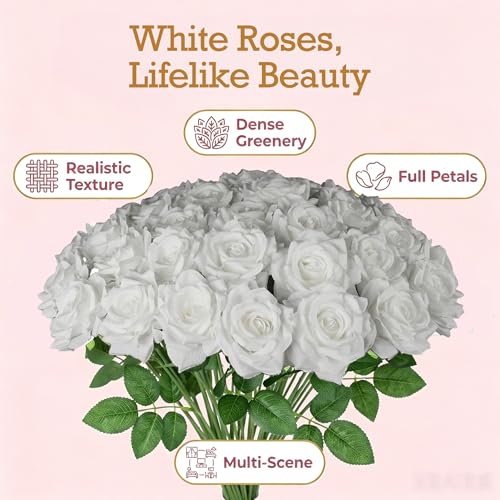 White Artificial Roses Bulk,50PCS 4in Large Fake Roses Faux Giant Flowers - color: White
