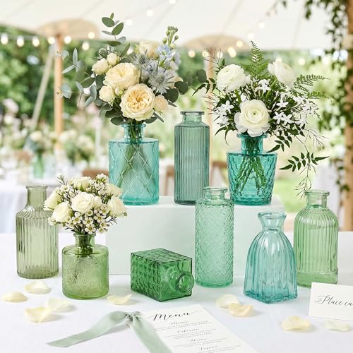 30Pcs Green Glass Bud Vases, Wedding Table Decor, Bulk Housewarming Gift | Green bud vases in bulk, Rustic embossed, Vintage-styled glass vases for centerpieces, 15 unique vintage styles(2 per design) - color: Green Series