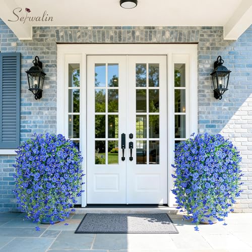 Serwalin Artificial Hanging Flowers for Outdoors UV Resistant, 4PCS Faux Morning Glory Fake Outdoor Flowers Realistic Silk Flower Faux Plants for Outside Planter Front Door Porch Patio Yard Decor - color: Blue