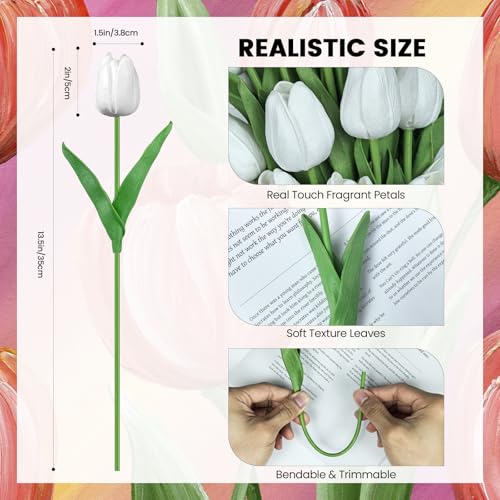 30 PCS Artificial Tulips Real Touch Tulips 13.5inch Long Stem Fake Flowers Silk Flowers for Spring Easter Mother's Day Decorations（White） - color: White