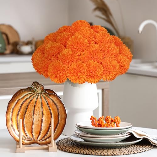 36 Pcs Artificial Chrysanthemums Flowers,Marigold Flower Fall Fake Flowers Orange Silk Mums Bouquet Decor Faux Ball Flowers for Autumn Day of Home Decor Indoor Wedding Table Centerpiece (Orange) - color: Orange