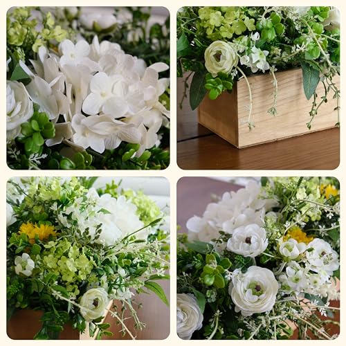 Spring Summer Centerpiece for Table, 18" L Lifelike Artificial Flowers in Rustic Whitewashed Rectangular Wood Box, Lush Spring Faux Floral Arrangement Farmhouse Mantel Shelf Kitchen Island Decor