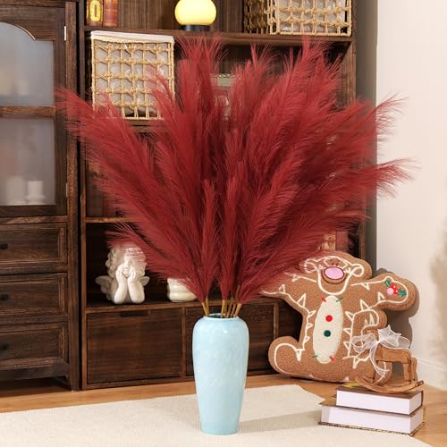 Premium Faux Ruby Red Pampas Grass – 43.3" Tall Fluffy Vibrant Decor, 8pcs 18-Branch One-Piece Stems No Assembly, Luxury Silk-Feel Feather Flowers for Bold Boho Decor, Jewel Tone Red 8 Stems110cm - color: Artificial - Rubber Red, size: 8pcs 43.3"(110cm)