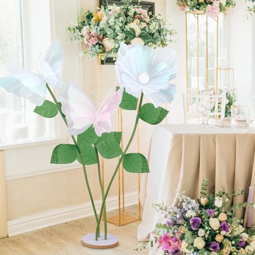 Havawish 5.2ft Giant Butterfly Decoration Huge Artificial Gauze Butterflies with Standing Base for Wedding Church Party Birthday Home Garden Backdrop Decorations(3 Pcs,White,Pink,Butterfly and Flower) - color: White,pink, size: Butterfly and Flower