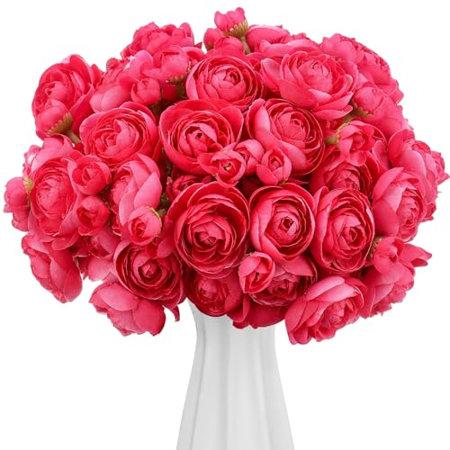 Giegxin 48 Pcs Ranunculus Artificial Flower,Real to Lifelike Peonies Artificial Flower Silk Faux DIY Bouquet for Wedding Bridal Shower Valentine Centerpieces Arrangements Home Decorations(Hot Pink) - color: Hot Pink