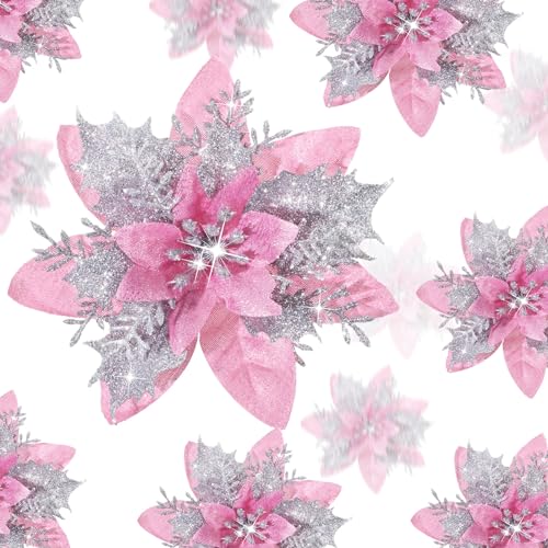 36 Pcs Christmas Glitter Artificial Poinsettia Flowers Xmas Poinsettia Artificial Wedding Flowers Decorations Xmas Tree Ornaments with Clips for Party, 6 Inch, 4 Inch, 3 Inch(Peach Pink, Silver) - color: Peach Pink, Silver