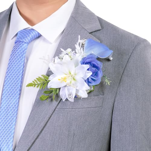 TINGE TIME Luxury Groom Boutonniere for Wedding, 1 PCS Pocket Boutonniere for Men, Artificial Corsage for Wedding, Prom, Homecoming, Anniversary, Graduation, Christmas Dinner (Provence Blue B) - color: Provence Blue B
