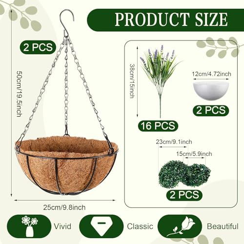 Hotop 2 Pack Outdoor Artificial Lavender Hanging Plants with Basket 16 Bundles UV Resistant Lavender in Coconut Liner Pot Spring Flowers Decor for Porch Patio Home Garden Decor(Purple) - color: Purple