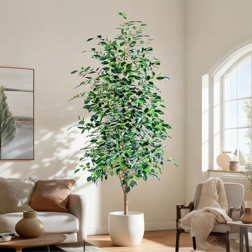 Bailikang 8FT Artificial Ficus Trees Indoor Faux Trees Indoor Fake Floor Plants Tall Artificial Tree with White Pot Faux Tree Fake Indoor Tree Silk Plants Artificial Trees for Home Decor Indoor - color: Green Leaf With White Pot, size: 8ft