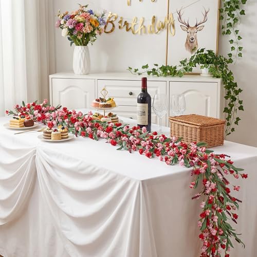 Artgar Flower Garland 9Ft Spring/Summer Garland Floral Garlands for Mantle All Year Round Paper Garlands Decor for Indoor Outdoor Home Wedding Arch Porch Stair Backdrop Year Round Decor (Red Pink) - color: Red Pink (9ft)