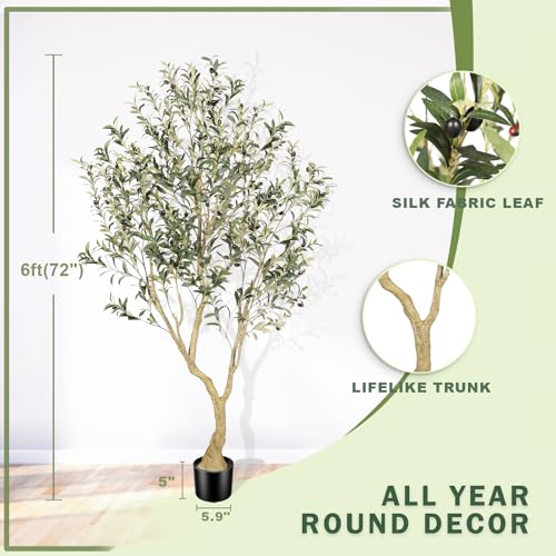 LYERSE Olive Tree 6ft - Olive Trees Artificial Indoor with Large Olive Branches and Lifelike Fruits - Faux Olive Tree for Modern Home Office House Living Room Decor - size: 6ft