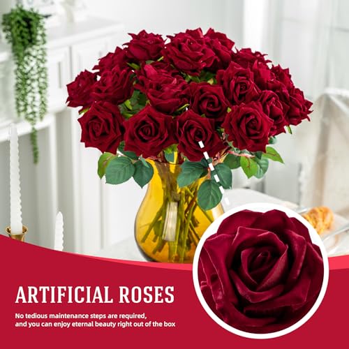 Ttranewsoo Burgundy Flowers Artificial Roses,Fake Red Rose Faux Flowers Silk Roses ，Rose Flowers with Stems for Home Wedding Party Spring Valentines Table Decoration DIY Bouquet 16.5in （24pcs, Red - color: Red 24pcs
