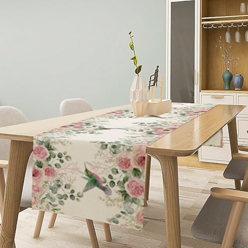 Hummingbird Floral Table Runner,Pink Rose Eucalyptus Green Leaves Nature Plant Table Runner for Holiday Kitchen Living Room Home Party Decor 13x36 Inch - color: Hummingbird-2, size: 13x36in