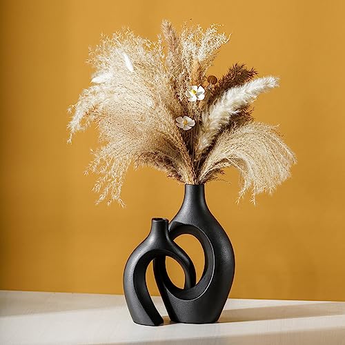 Liotww Extra LargeMatte Black Ceramic Vase Set of 2 Vase for Pampas Grass, Modern Circle Donut Aesthetic Flower Decorative Vases for Nordic Style Boho Home Decor (W 6.8" X H 11") - color: Super Large-matte Black