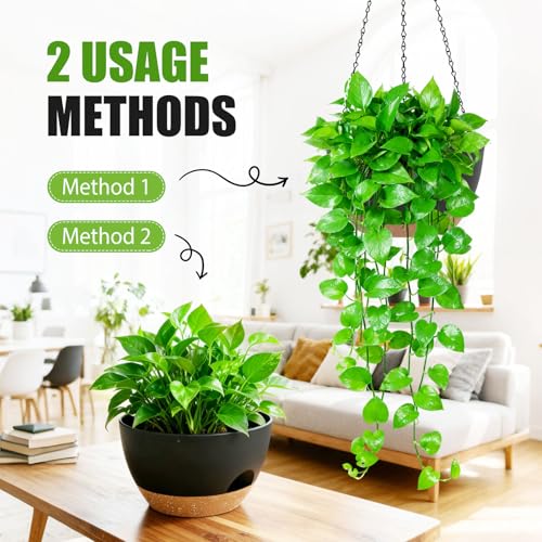 8 Inch Hanging Planters for Indoor Outdoor Plants, 4 Pack Black Brown Plastic Self Watering Hanging Baskets with Drainage Holes and Chain for Garden Porch - color: Black Brown