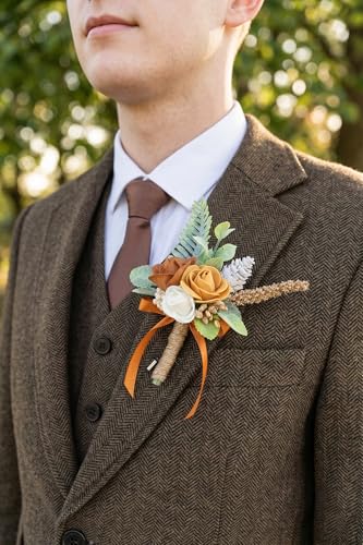 Terracotta Orange Corsage and Boutonniere Set Wrist Corsage Wristlet for Prom Groom Flower Boutonniere for Men Wedding Party Homecoming Accessories Suit - color: Terracotta Orange