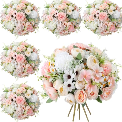 Tigeen 6 Bundles Artificial Bouquet Flowers Artificial Peonies Faux Roses Hydrangea Flowers Bouquet for Wedding Table Centerpiece Floral Vase Decor (White,Pink) - color: White,pink