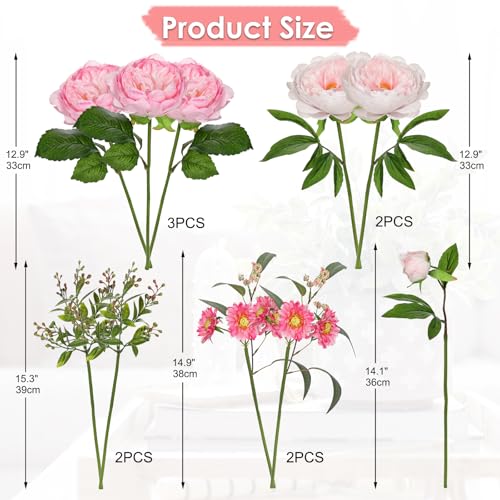 GnFlus Artificial Peony Flower Stems 10PCS Hot Pink Faux Peonies & Daisies Silk Flowers Realistic Fake Flowers for Vase Centerpiece Wedding DIY Bridal Bouquet Party Home Decor - color: Peony, Hot Pink, size: 1 Pack