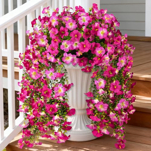 Artificial Hanging Flowers Plants for Outdoor Spring Summer Decoration, 2PCS Faux Silk Morning glory UV Resistant Look Real for Outside Home Indoor Planter Porch Garden Yard Decor(Purple Red Pink) - color: Purple Red Pink
