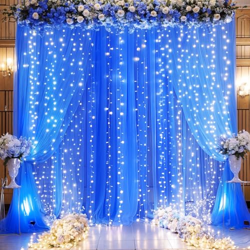 Royal Blue Backdrop Curtains with Lights String for Parites Wedding 10×8ft Sheer Tulle Backdrop Curtain for Graduation Ceremony Baby Shower Birthday Party Prom Photo Shoot Background Decorations - color: Royal Blue, size: 10 ft X 8 ft(2 Panels 5ft X 8ft)
