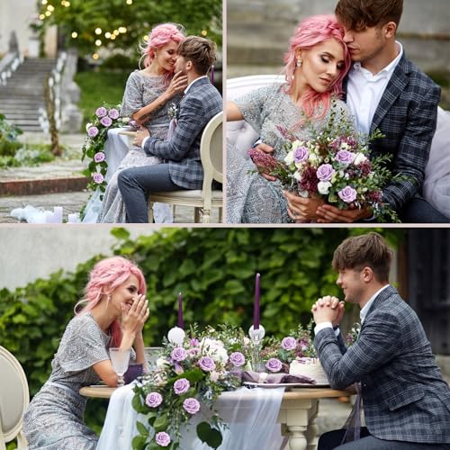 Artificial Flowers 50PCS Light Purple Roses Real Looking Foam Fake Roses with Leaves and for DIY Wedding Bouquets Bridal Shower Centerpieces Party Decorations (Lilac) - color: Lilac, size: 50