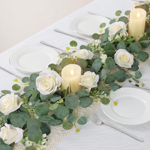 TOCHGREEN 2Pcs(13 Ft) Artificial Eucalyptus Flower Garland with White Rose Flowers,Faux Rose Vine Gypsophila Greenery for Home Party Wedding Table Decor (White, 2PCS) - color: White, size: 2PCS