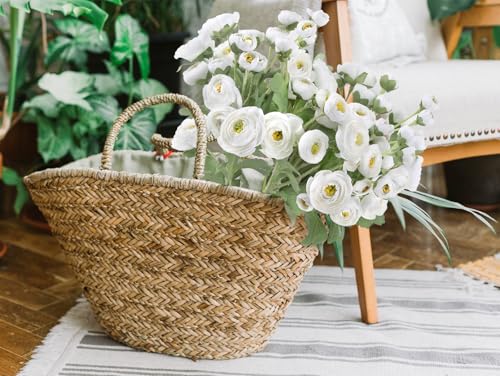 Ranunculus Artificial Flowers 5PCS Faux Peonies White Silk Ranunculus Flowers with Stems 21.65" Real Look Fake Flowers Bulk for DIY Wedding Bridal Shower Table Centerpieces Home Decor(White) - color: White