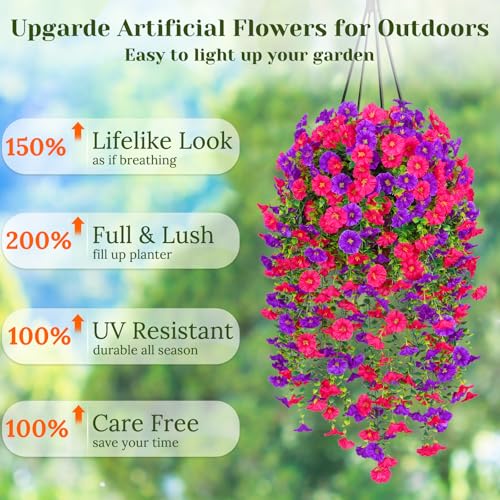 Dolicer 8 Pack Look Real Artificial Flowers for Outdoors, Fake Artificial Hanging Flowers for Outdoors Realistic UV Resistant Hanging Flowers Silk Petunia Faux Flowers for Porch Patio(Purple+Rose Red) - color: Purple+rose Red, size: 8 packs