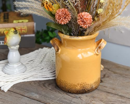 Quoowiit Ceramic Rustic Farmhouse Vase, Distressed Decorative Flower Vase for Home Decor, Ideal Shelf Decor, Yellow Boho Vases for Living Room Bedroom Kitchen Office Centerpiece Table Decorations - color: 6 Inch-yellow