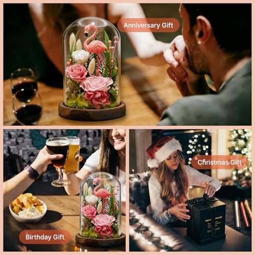 Eternal Flowers with Flamingo-Big Flower Big Love- Graduation Flowers Gifts for Daughter Wife Mom-Forever Flower in Glass Dome-Flowers for Delivery Prime on Anniversary Valentines Birthday (Pink) - color: Pink