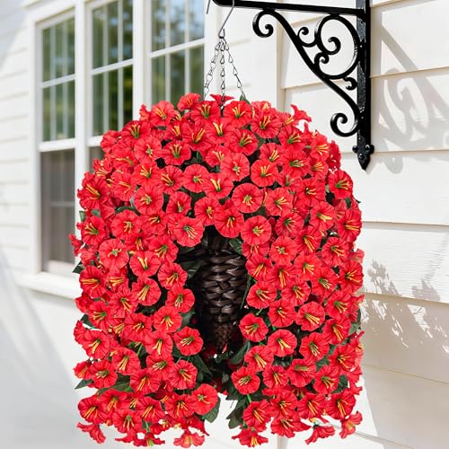 HyeFlora Artificial Fake Red Hanging Flowers Plants Baskets for Outdoor Winter Christmas, Faux Silk UV Resistant Look Real Morning Glory Vines for Outside Porch Patio Balcony Garden Yard Home Decor - color: Red Morning Flory