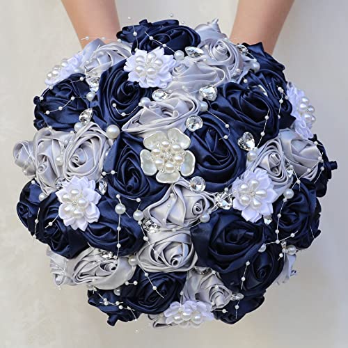 Bridal Wedding Bouquet with Rhinestone Brooch Pearl Bouquet for Bride Bridesmaid Quinceanera Satin Rose Flower Bouquet Wedding Navy Blue and Silver Grey 8.7in - color: Navy Blue and Silver (Standard Size: Dia.8.7")
