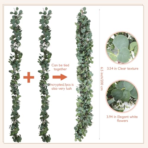 Thiccywoov 2 Pack Artificial Eucalyptus Garland 6.5 ft Each Faux Silver Dollar Leaves Greenery Artificial Vines with White Accents for Wedding Table Runner Home Mantle Outdoor Decor (Green) - color: Green